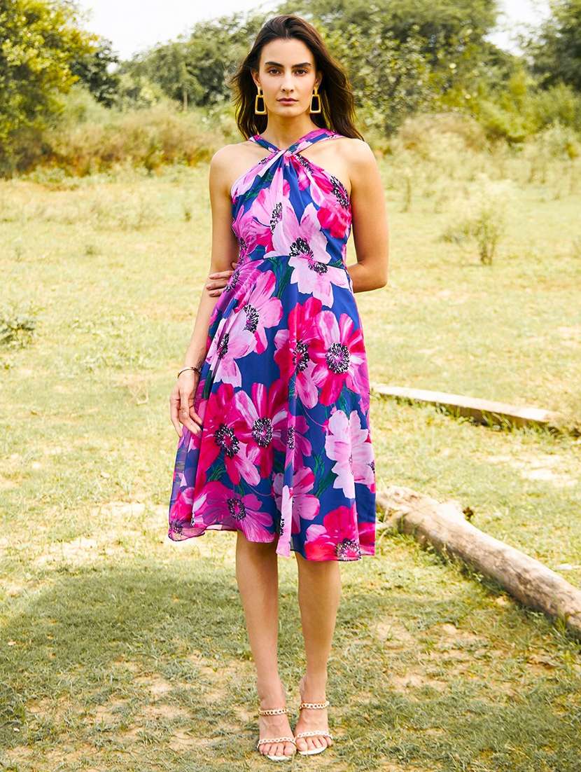 women floral printed sleeveless fit & flare dress