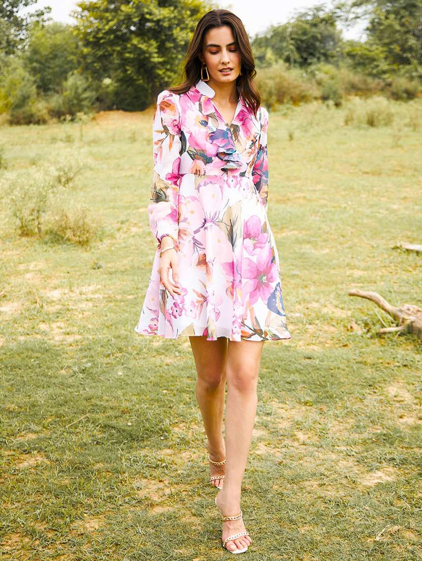 women floral print puff sleeves fit & flare dress - 21917385 - Zoom Image - 0