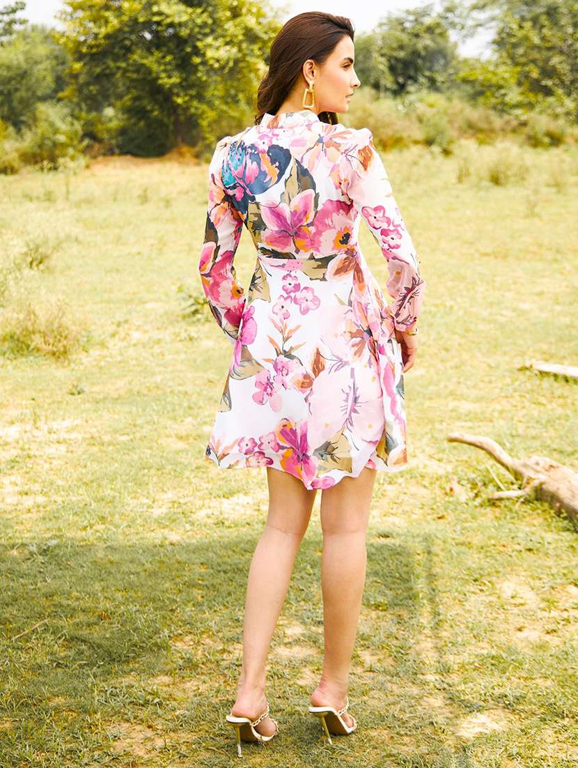 women floral print puff sleeves fit & flare dress - 21917385 - Standard Image - 3
