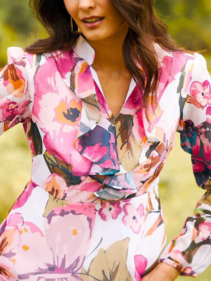 women floral print puff sleeves fit & flare dress - 21917385 - Standard Image - 5