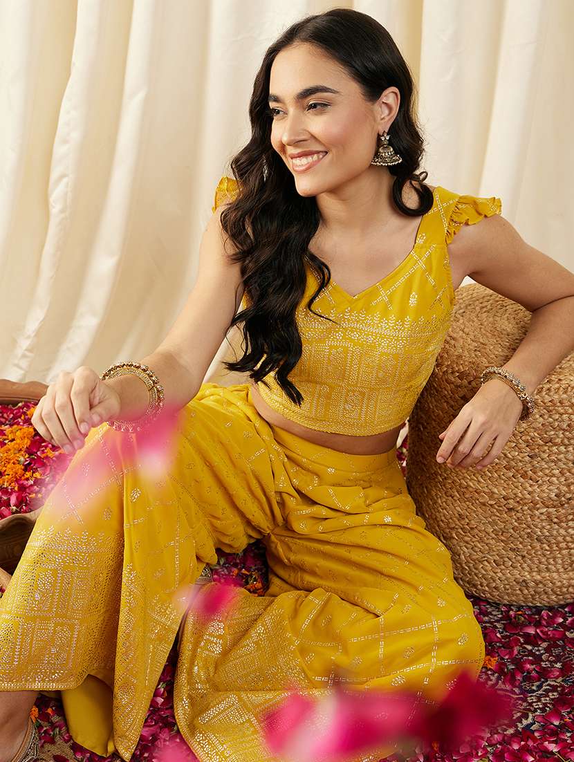 women yellow printed sleeveless top & pant set - 21917500 -  Standard Image - 3