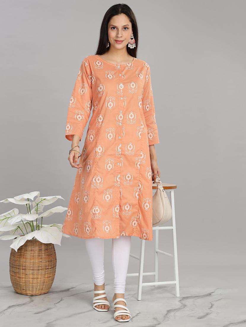 women peach three quarter sleeve a-line kurta - 21917818 - Zoom Image - 0