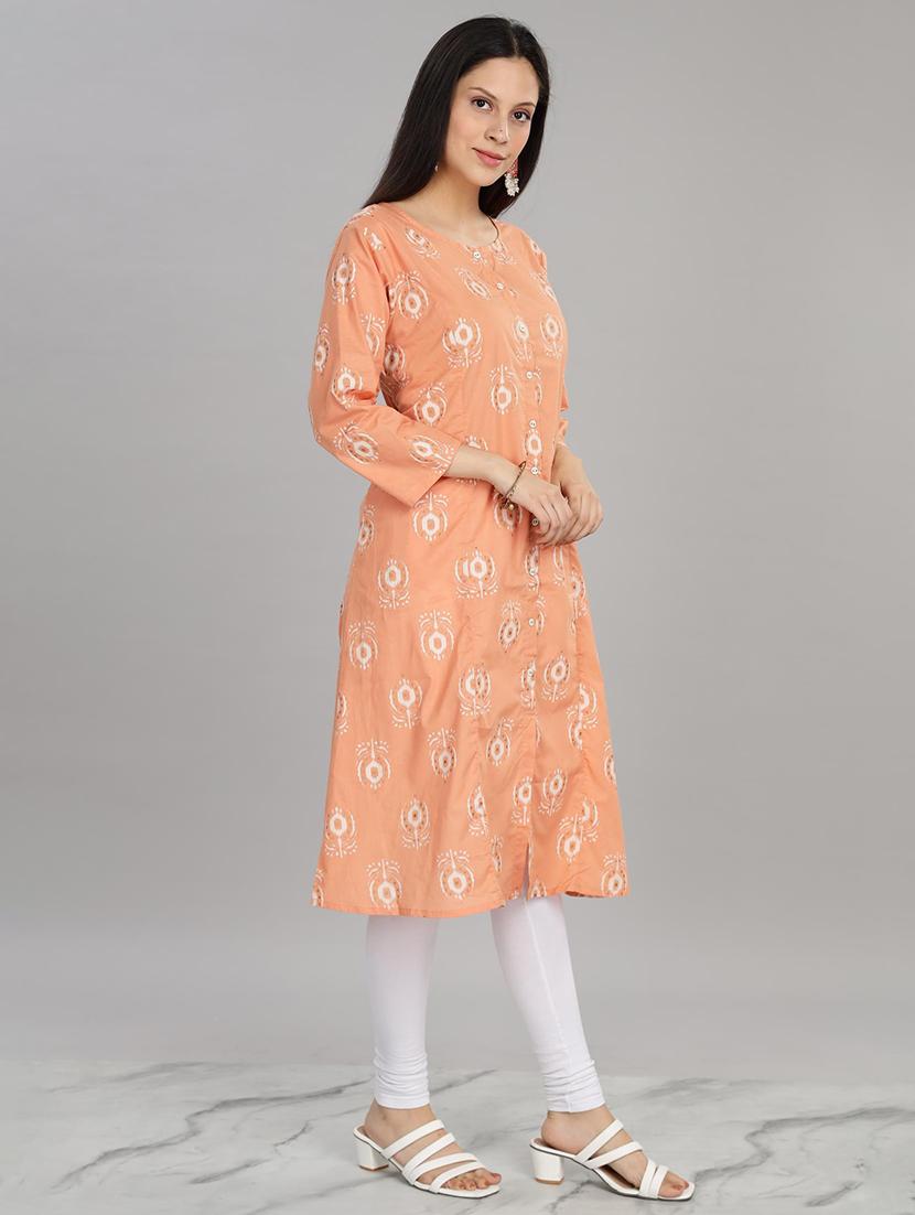 women peach three quarter sleeve a-line kurta - 21917818 - Standard Image - 3
