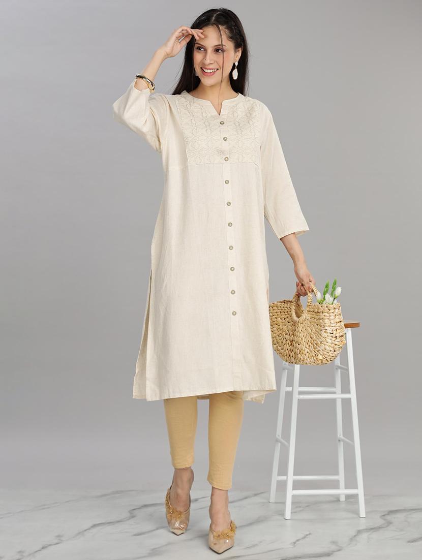 women beige three quarter sleeve a-line kurta - 21917821 -  Zoom Image - 0