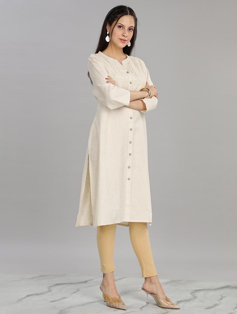 women beige three quarter sleeve a-line kurta - 21917821 - Standard Image - 3