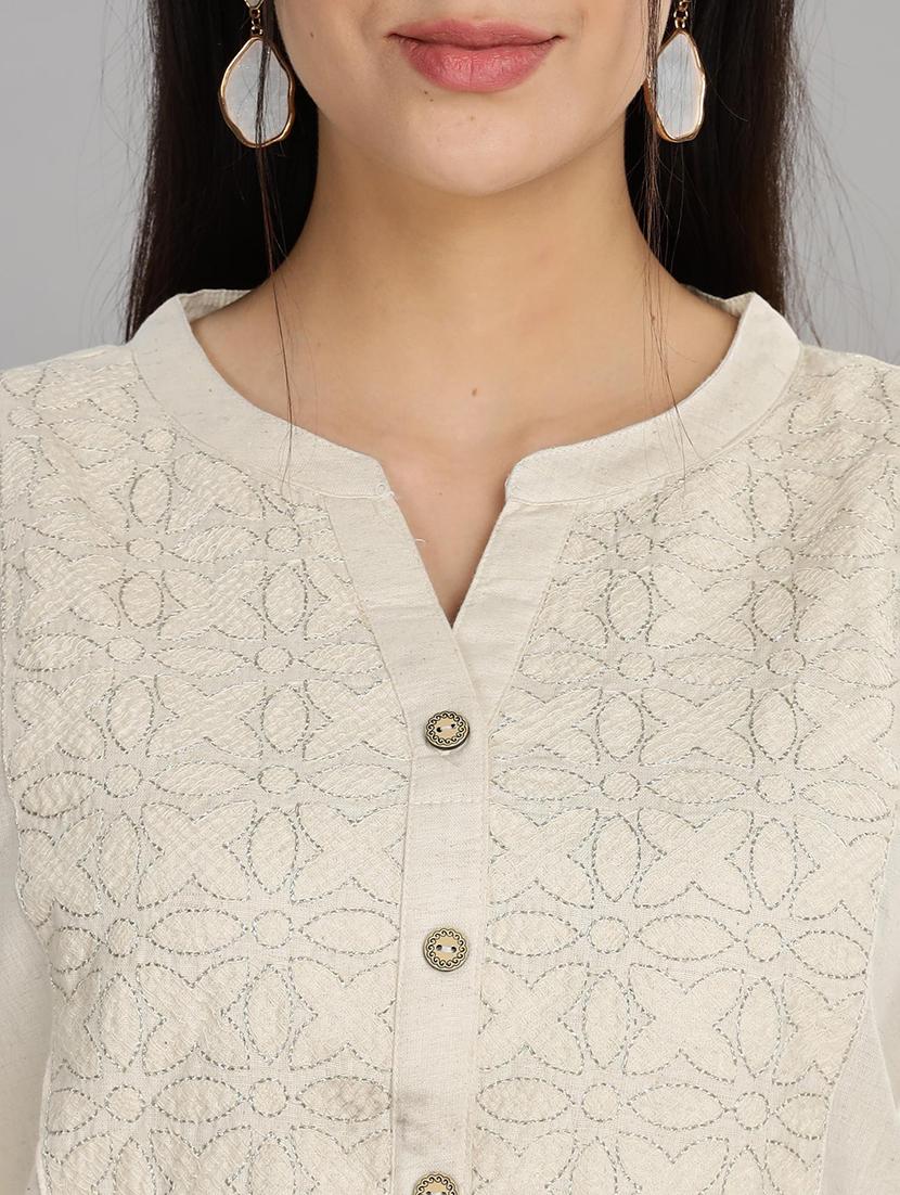 women beige three quarter sleeve a-line kurta - 21917821 - Standard Image - 5