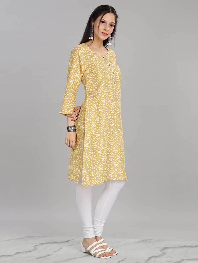 women yellow three quarter sleeve straight kurta - 21917823 - Standard Image - 3