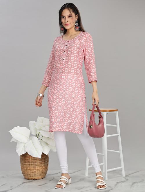 women pink three quarter sleeve straight kurta - 21917825 -  Standard Image - 0