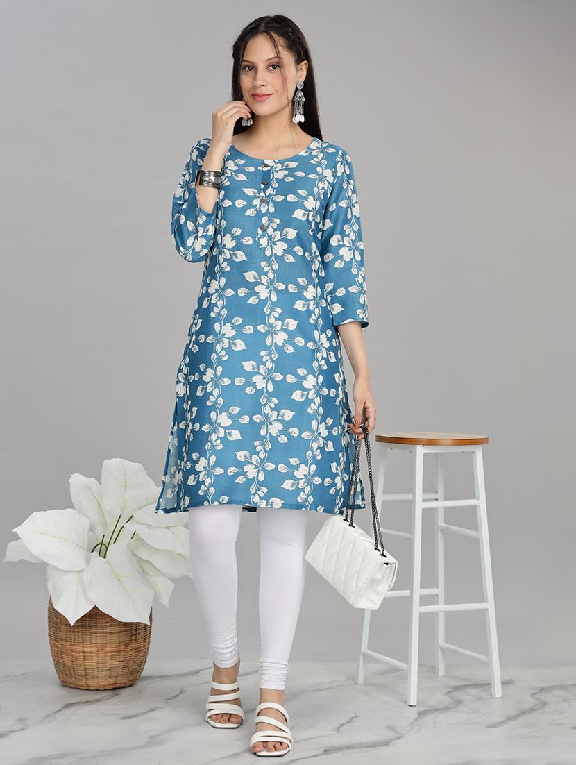 women blue three quarter sleeve straight kurta - 21917828 -  Zoom Image - 0