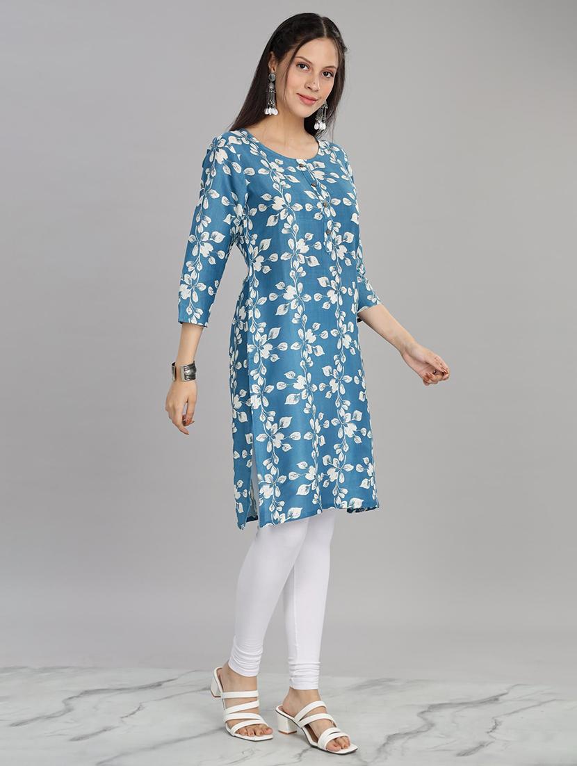 women blue three quarter sleeve straight kurta - 21917828 - Standard Image - 3