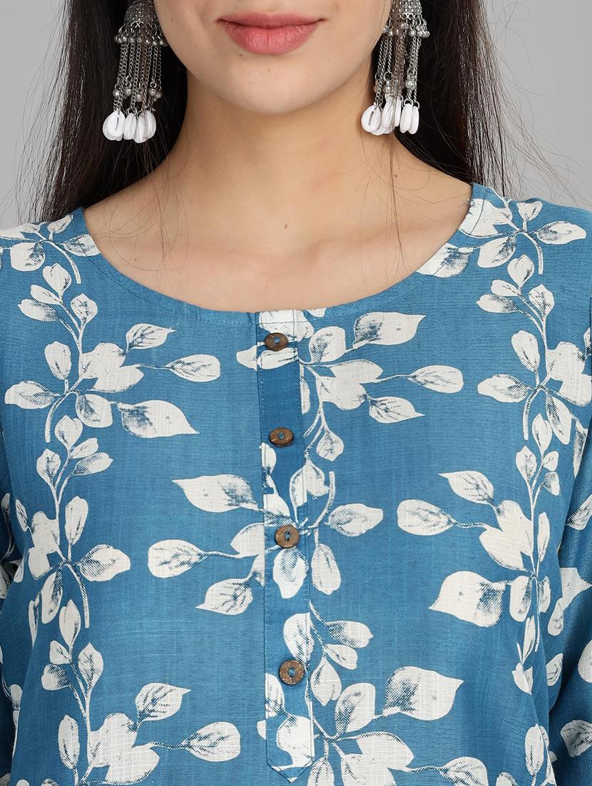 women blue three quarter sleeve straight kurta - 21917828 - Standard Image - 5
