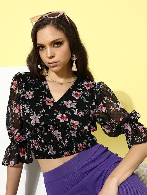women floral print puff sleeve blouson top - 21918208 - Standard Image - 0