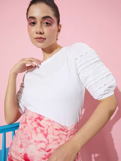 women white solid puff sleeve regular top - 21918215 - Standard Image - 0