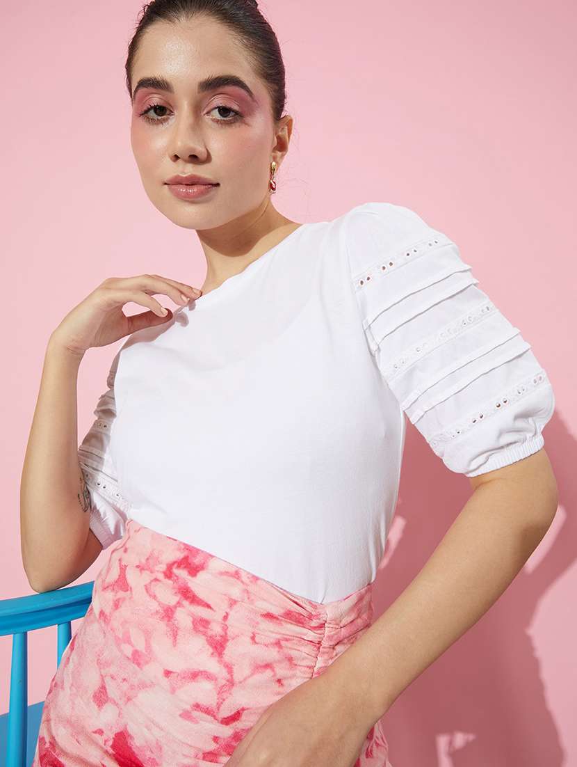 women white solid puff sleeve regular top - 21918215 - Zoom Image - 0