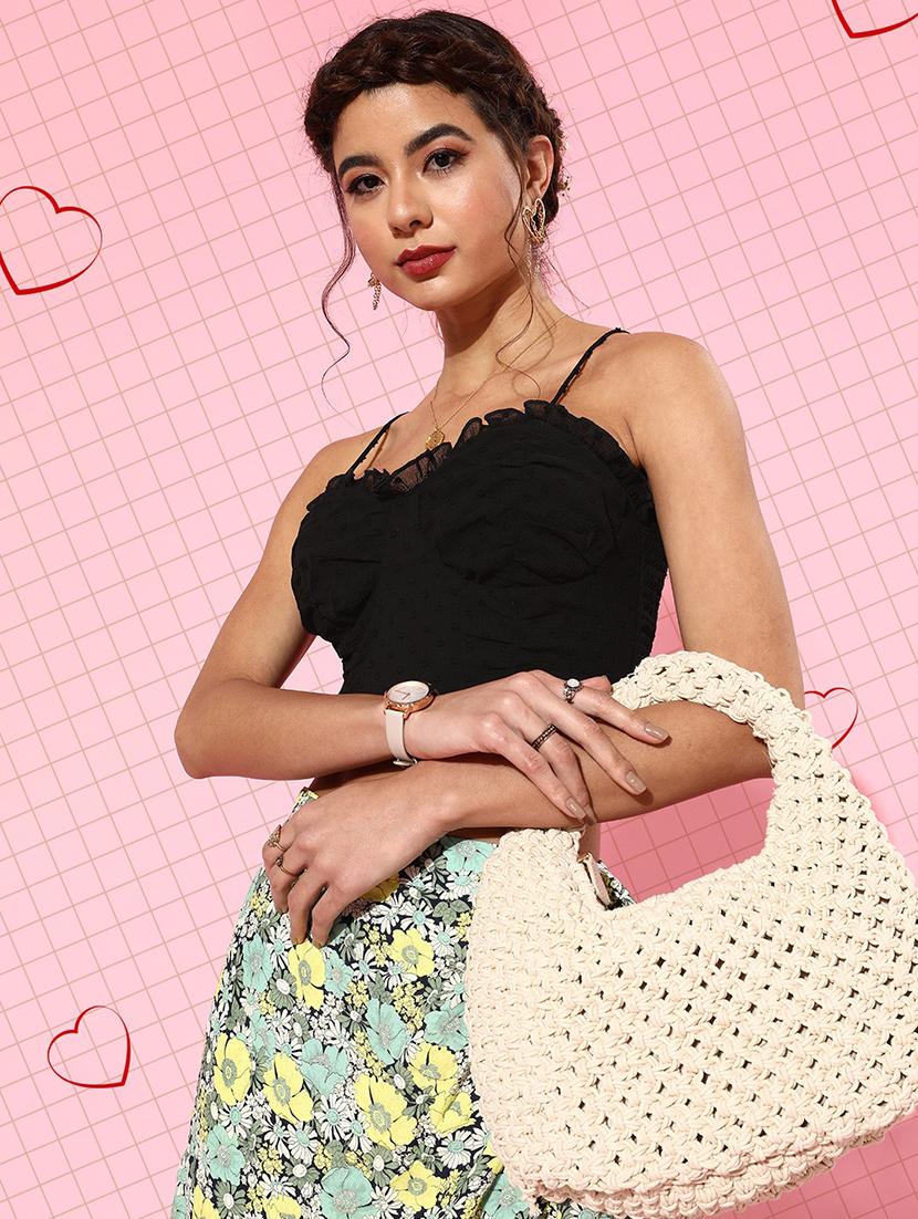 women balck solid shoulder strap crop top - 21918225 - Zoom Image - 0