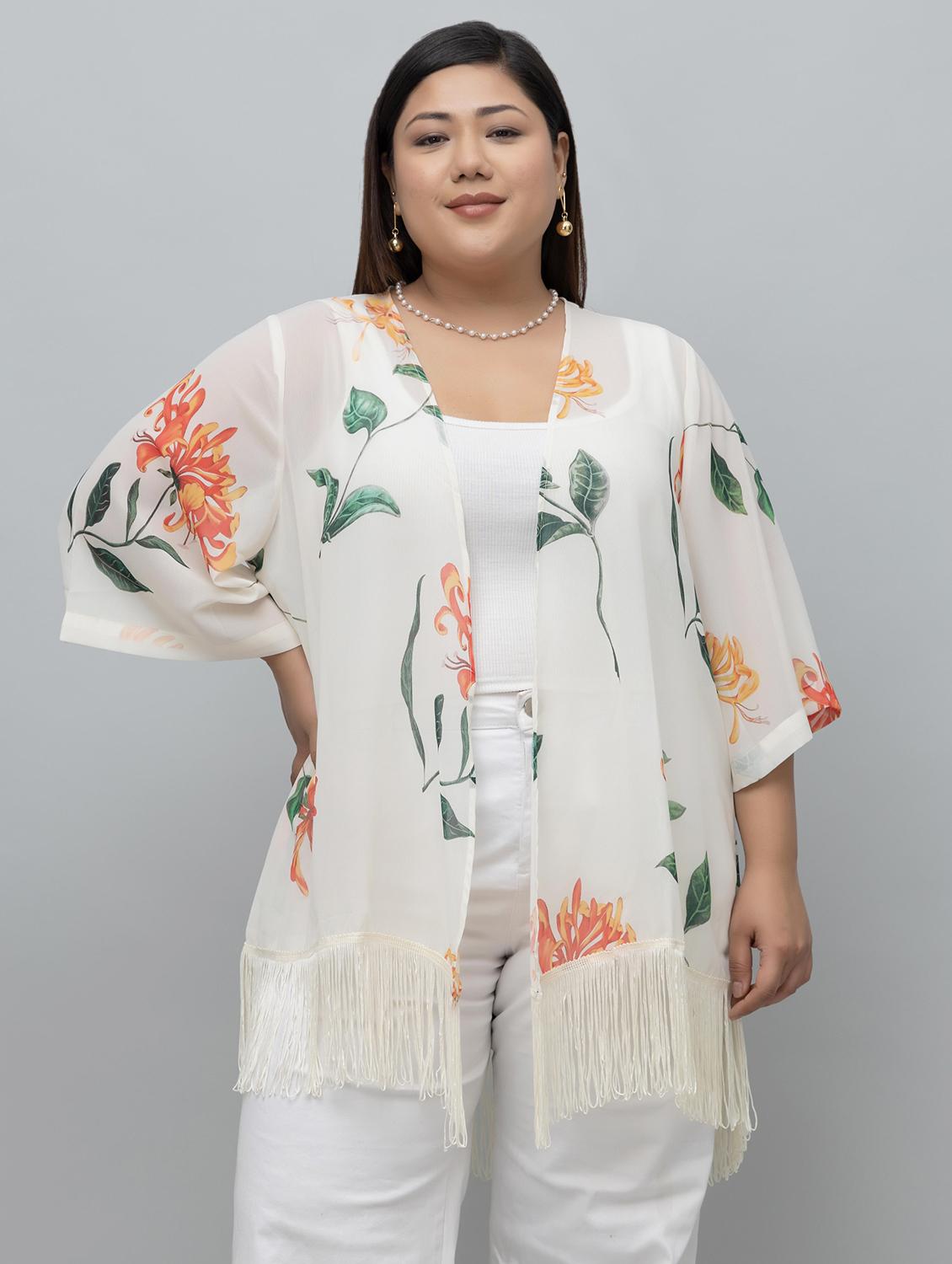 women plus size floral printed fringed hem shrug - 21918349 -  Zoom Image - 0
