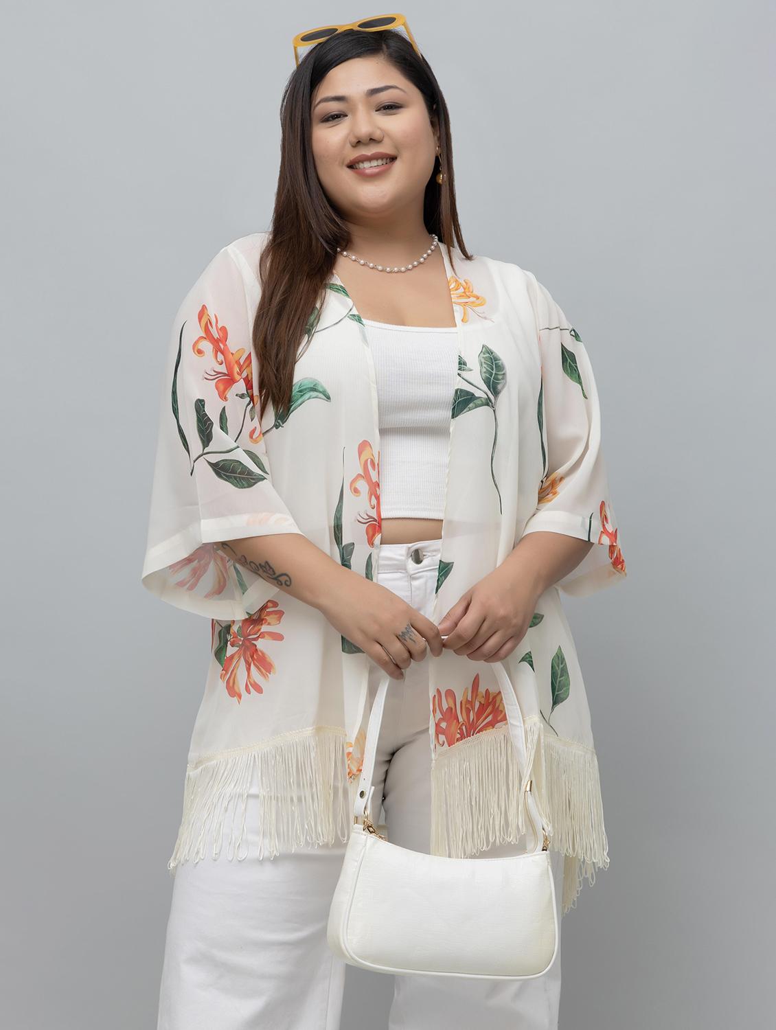 women plus size floral printed fringed hem shrug - 21918349 - Standard Image - 3