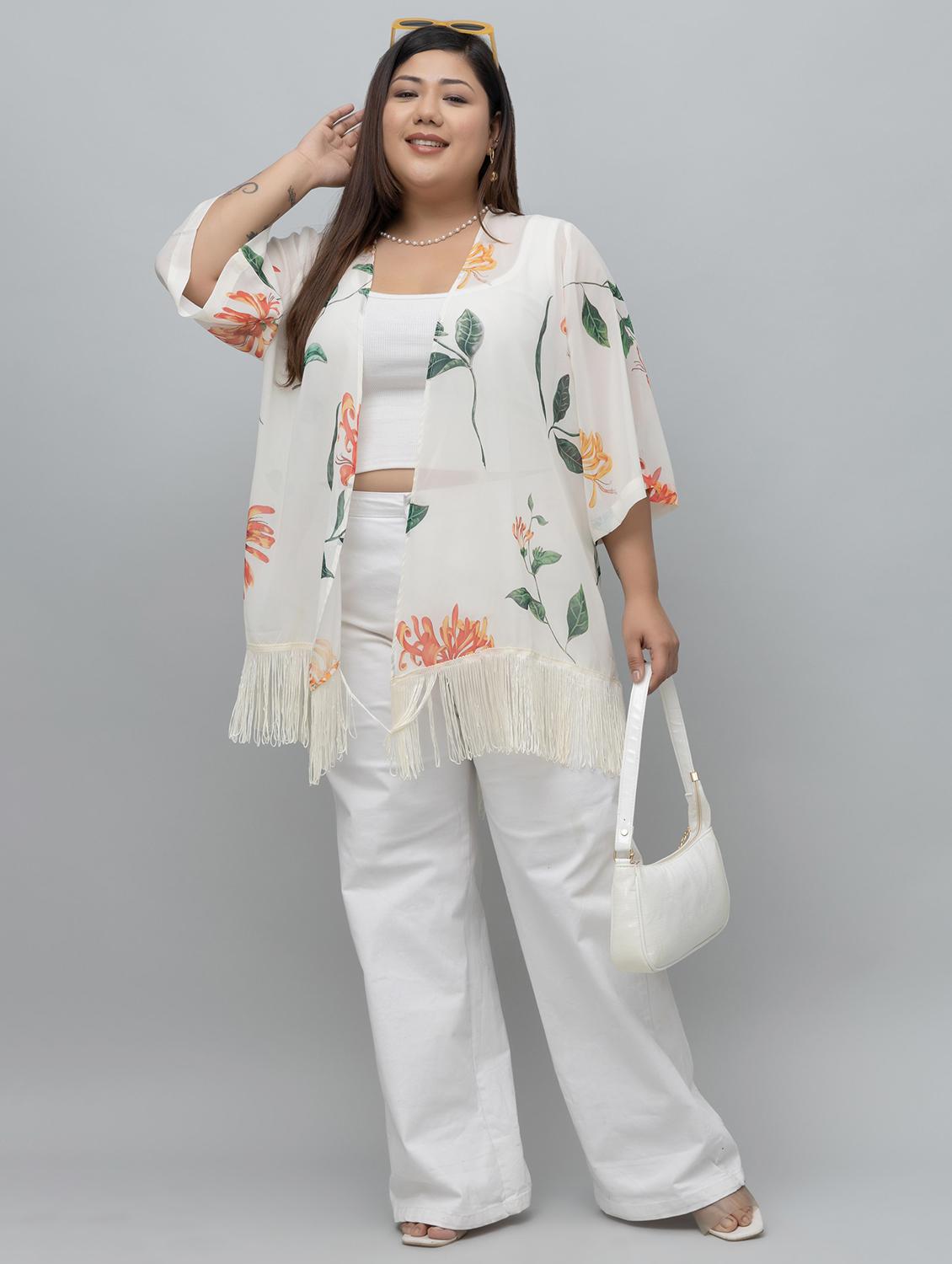 women plus size floral printed fringed hem shrug - 21918349 - Standard Image - 5