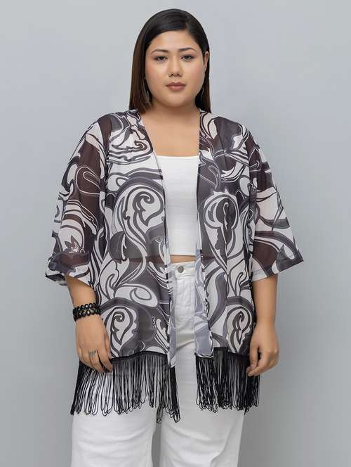women plus size printed fringed hem shrug - 21918350 - Standard Image - 0