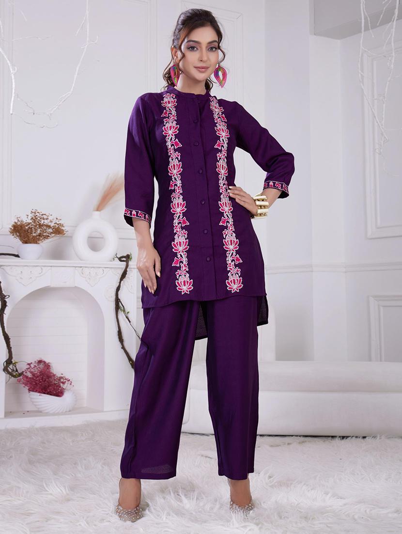 women embroidered three quarter sleeve ethnic co-ord set - 21918351 - Zoom Image - 0