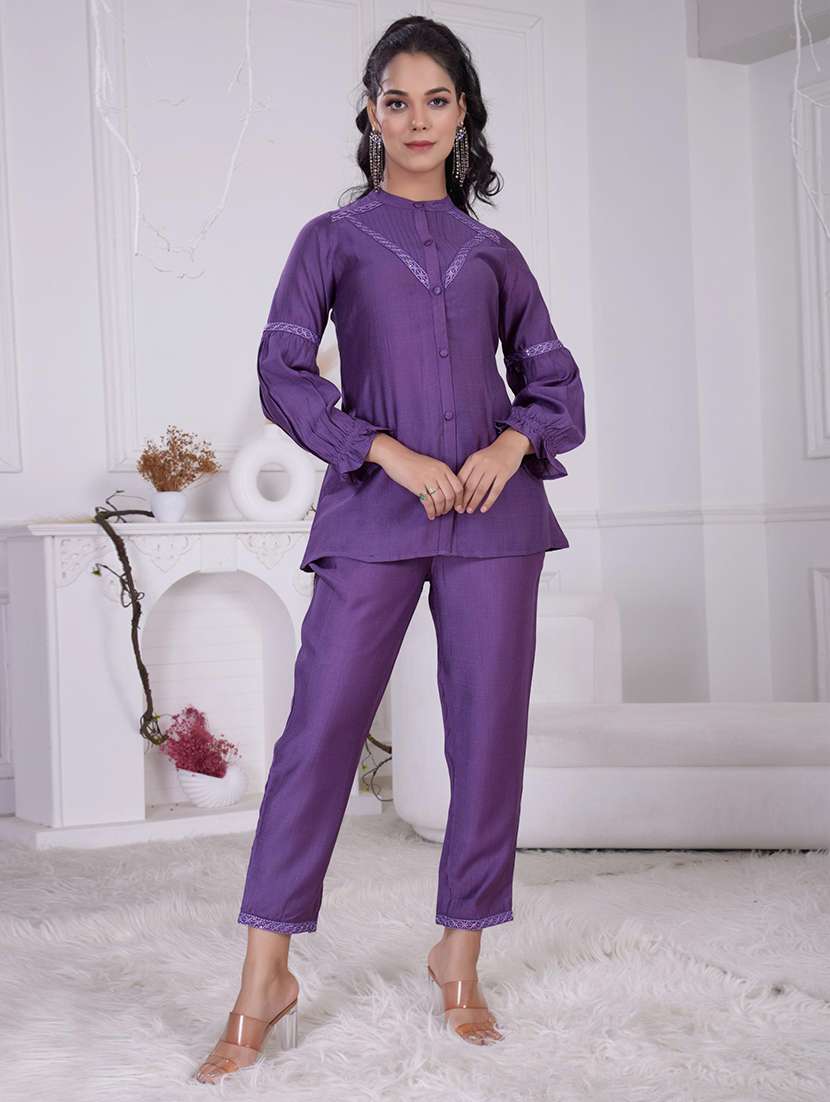 women purple long sleeve ethnic co-ord set