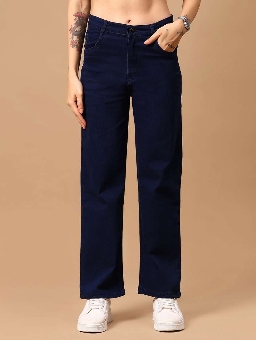 women solid mid rise straight fit jean