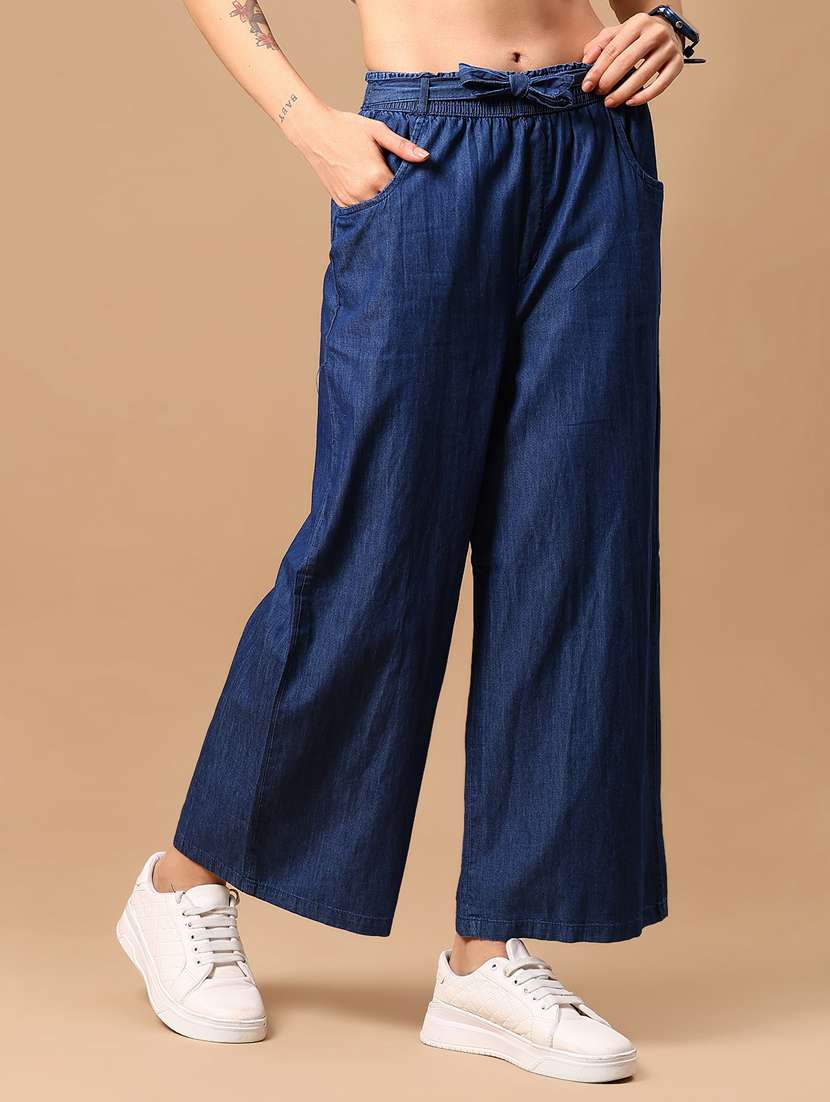 women solid mid irse wide leg denim trouser - 21918586 - Standard Image - 3