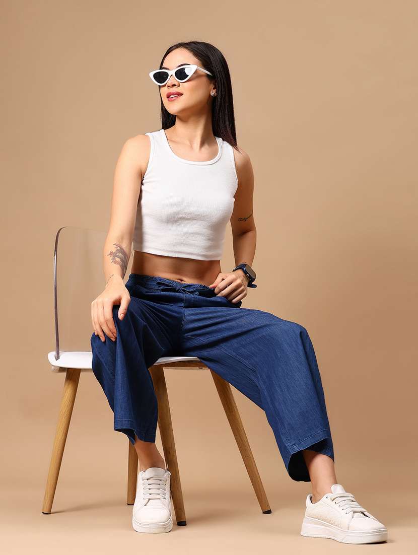 women solid mid irse wide leg denim trouser - 21918586 - Standard Image - 5