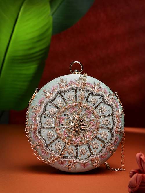 women embellished clutch with detachable sling chain