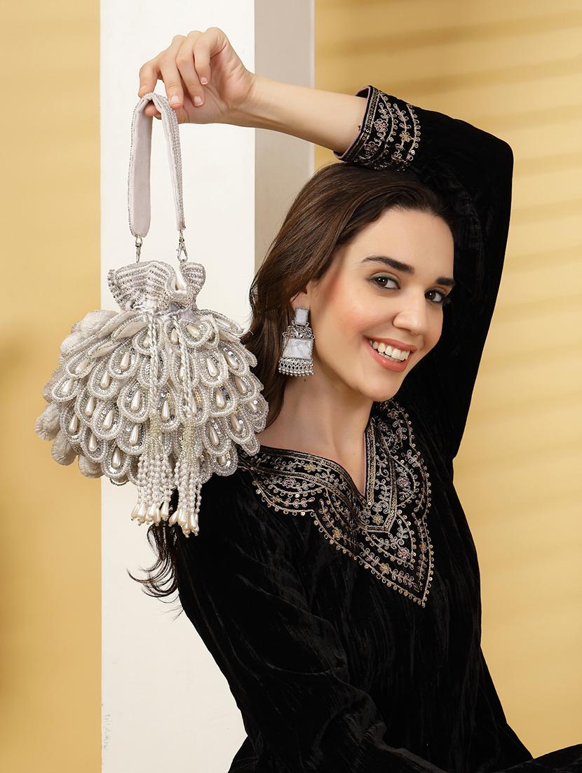 white velvet ethnic potli - 21918674 - Standard Image - 8