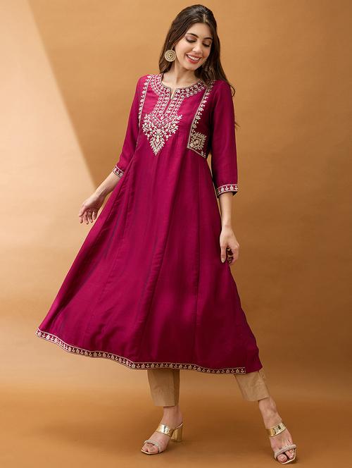 women burgundy floral embroidered yoke detail round neck panelled anarkali festive kurta - 21918770 - Standard Image - 0