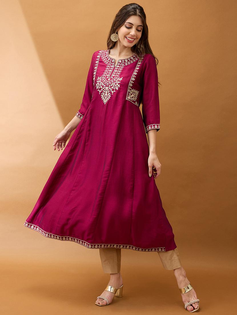 women burgundy floral embroidered yoke detail round neck panelled anarkali festive kurta - 21918770 - Zoom Image - 0
