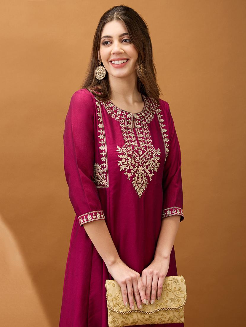 women burgundy floral embroidered yoke detail round neck panelled anarkali festive kurta - 21918770 - Standard Image - 3