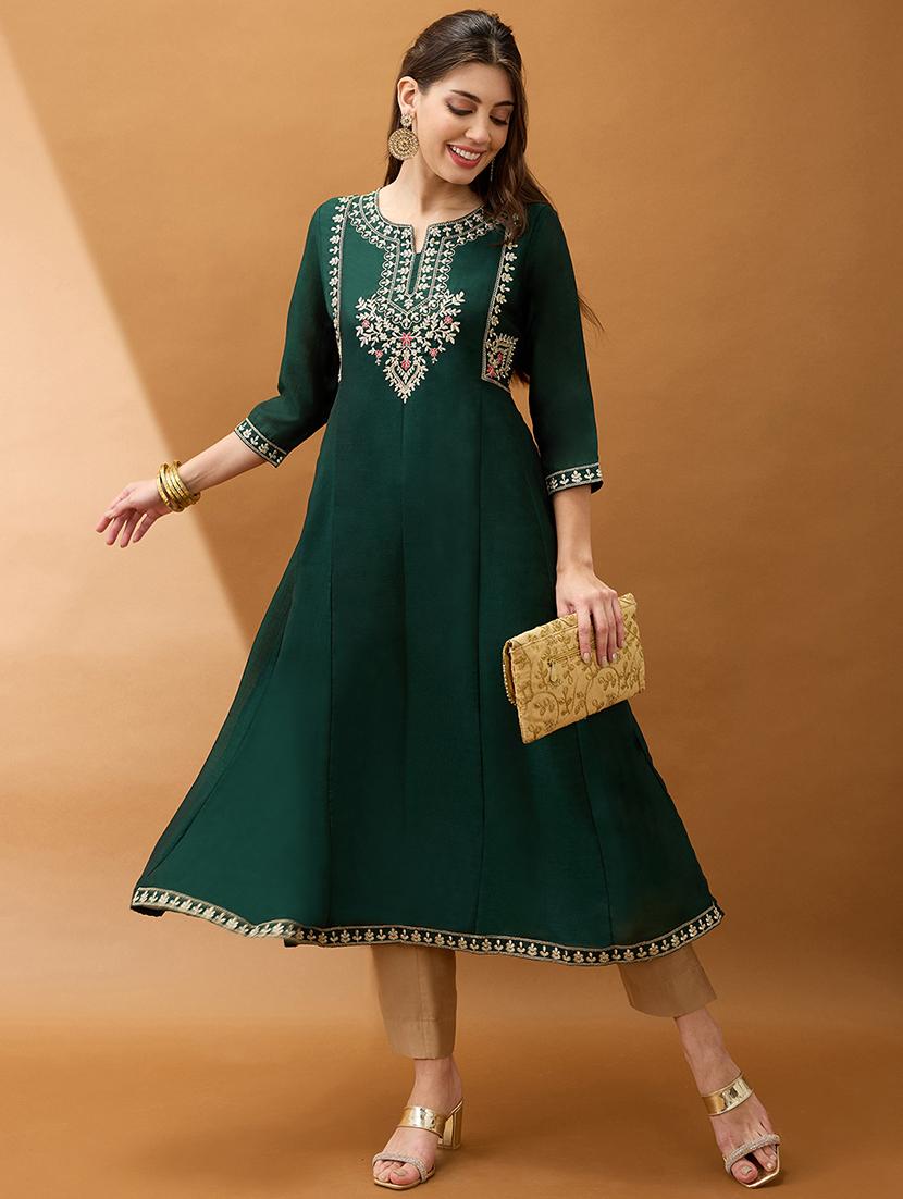 women green floral embroidered yoke detail round neck panelled anarkali festive kurta - 21918771 - Zoom Image - 0