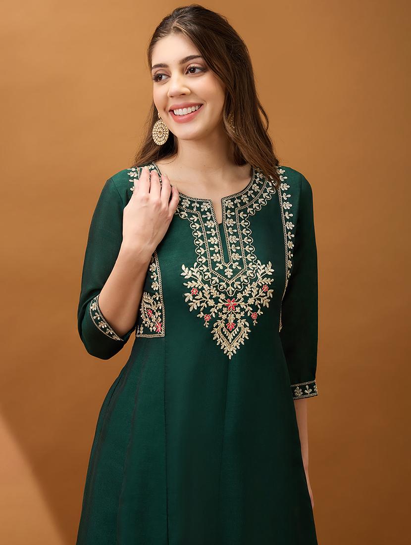 women green floral embroidered yoke detail round neck panelled anarkali festive kurta - 21918771 - Standard Image - 3