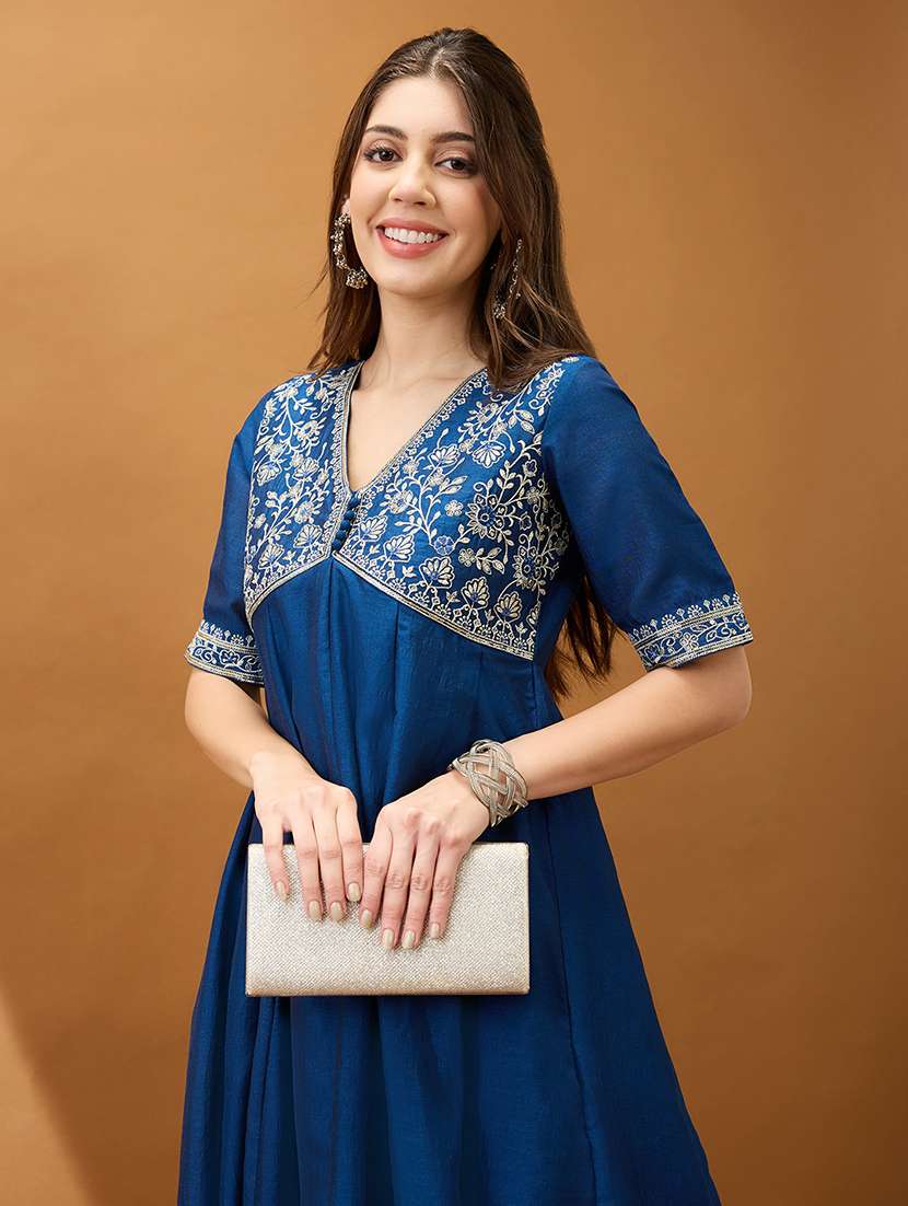 women blue sequinned floral embroidered yoke v-neck alia cut a-line festive kurta - 21918773 -  Standard Image - 3