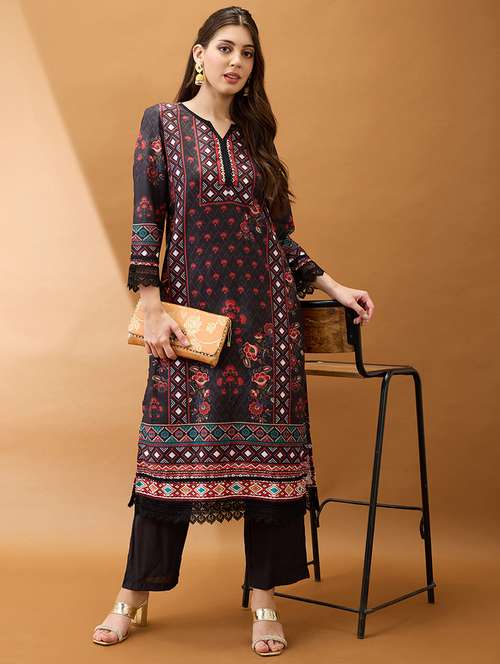 women black floral print lace insert scalloped hem straight kurta with elasticated pant set - 21918774 -  Standard Image - 0