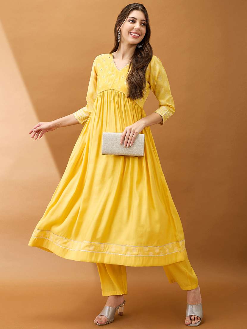 women yellow mirror work v-neck gotta lace pleated flared hem a-line kurta with pant set
