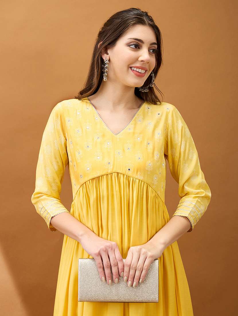 women yellow mirror work v-neck gotta lace pleated flared hem a-line kurta with pant set - 21918776 -  Standard Image - 3