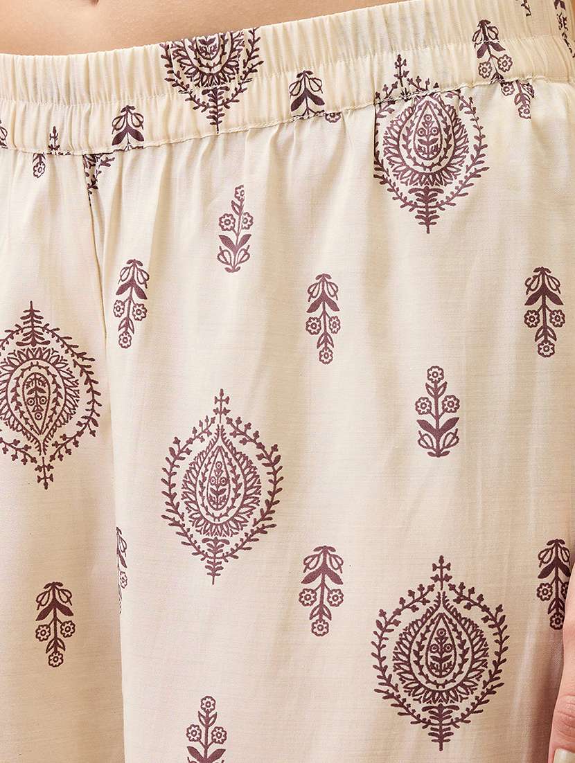 women beige ethnic print mandarin collar button down a-line kurta with straight pant set - 21918778 -  Standard Image - 5