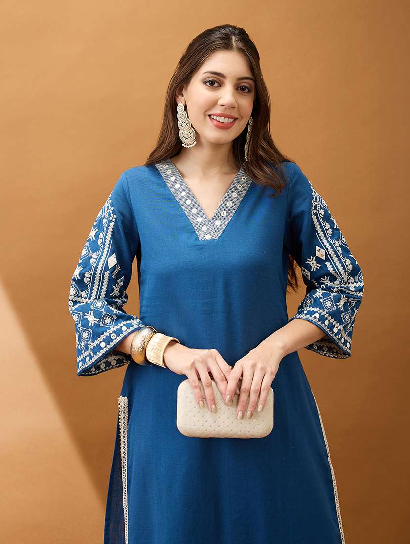 women blue v-neck bell sleeves embroidered & mirror work detail gotta lace straight kurta with pant festive set - 21918782 -  Standard Image - 3