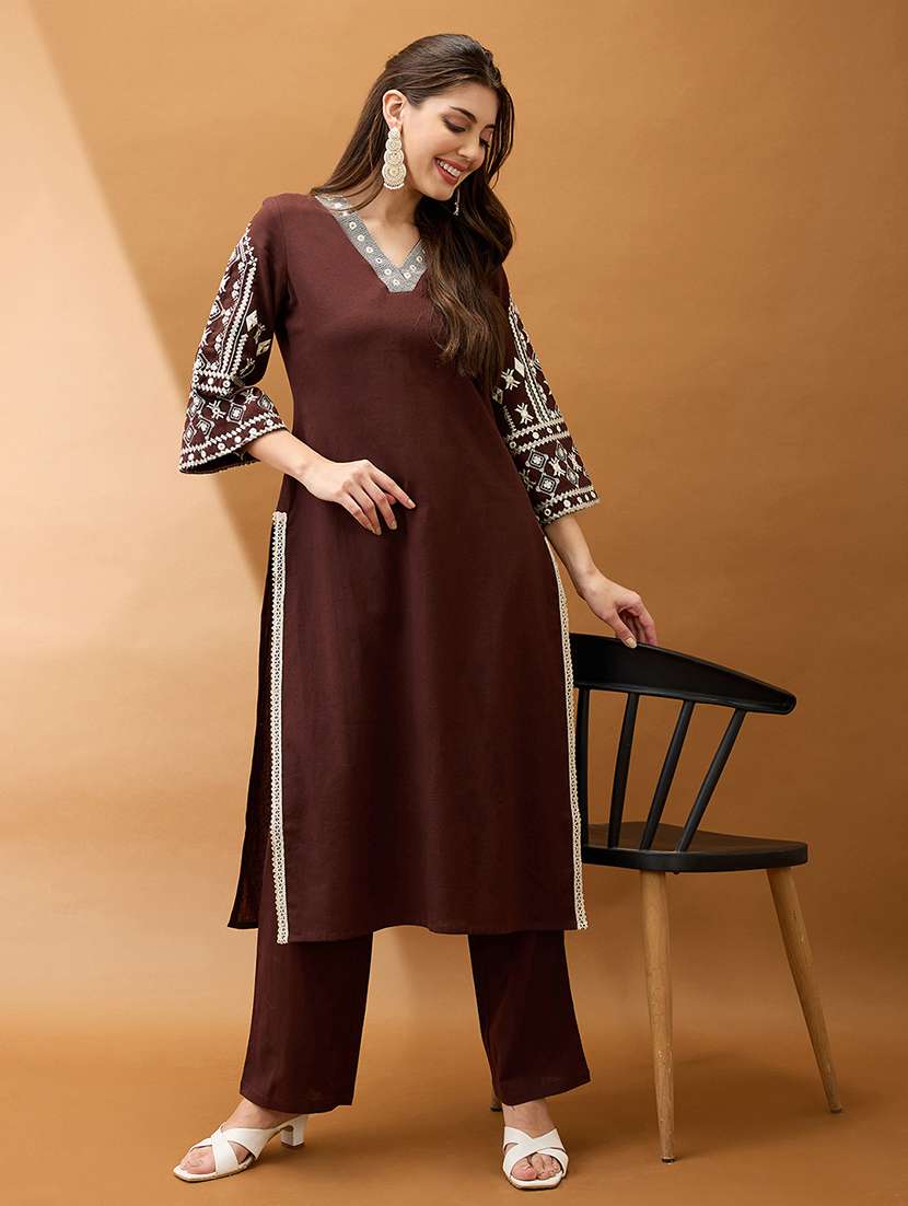 women brown v-neck bell sleeves embroidered & mirror work detail gotta lace straight kurta with pant festive set