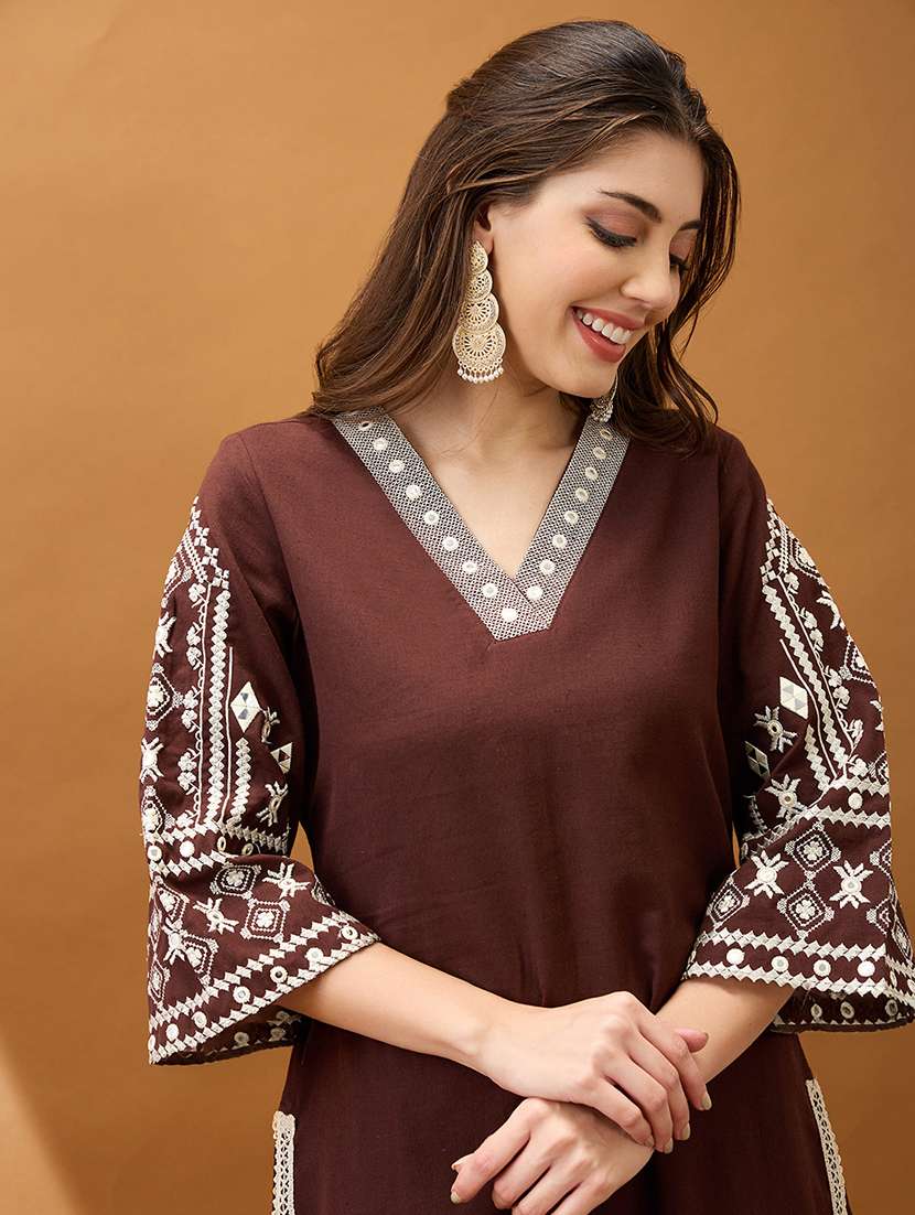 women brown v-neck bell sleeves embroidered & mirror work detail gotta lace straight kurta with pant festive set - 21918783 -  Standard Image - 3