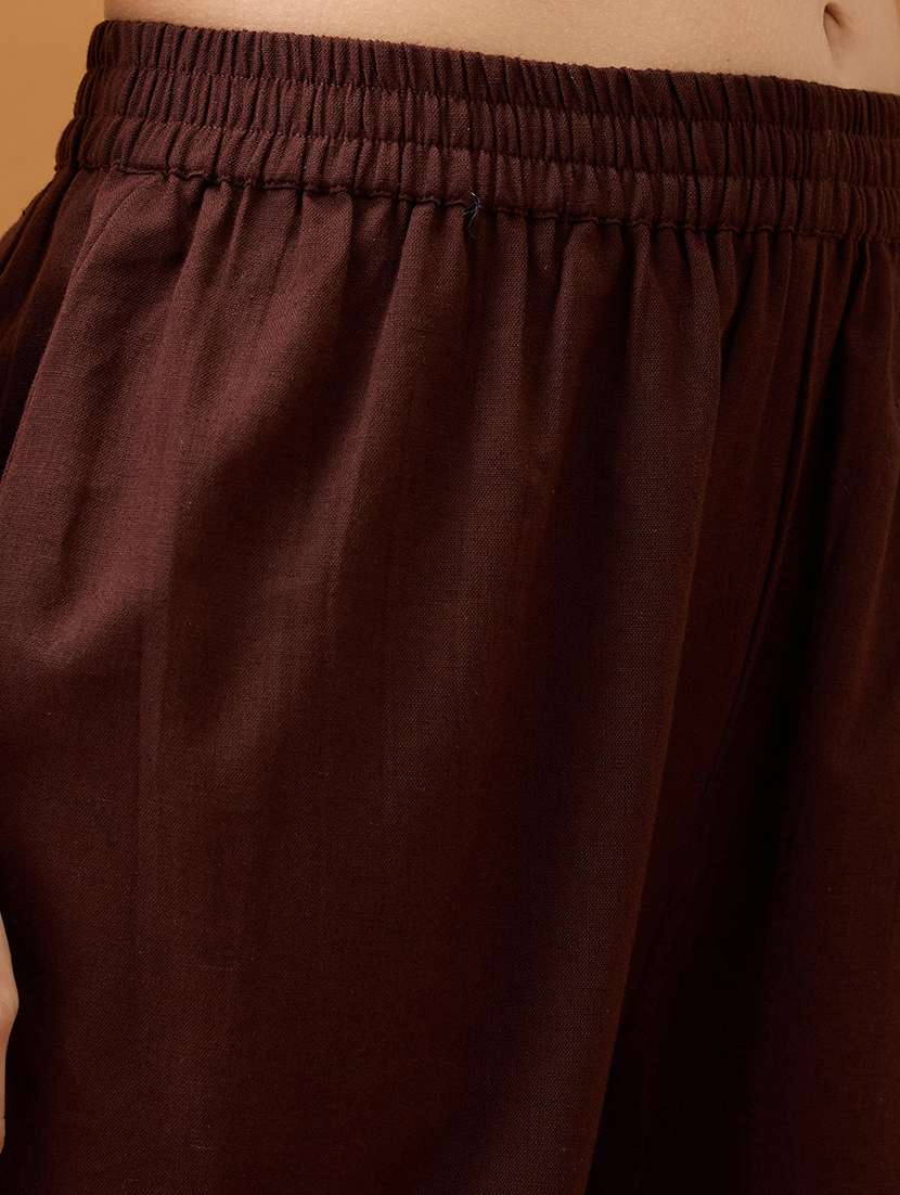 women brown v-neck bell sleeves embroidered & mirror work detail gotta lace straight kurta with pant festive set - 21918783 -  Standard Image - 5