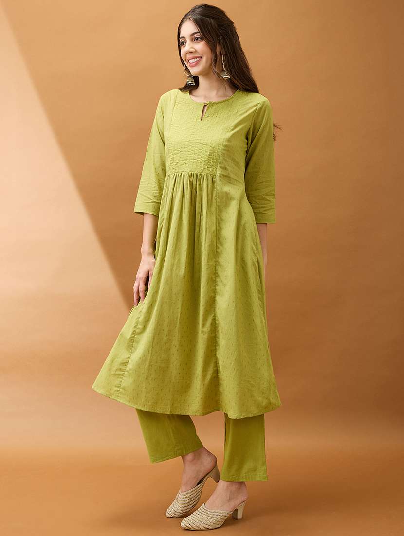 women green keyhole neck zari embroidered yoke woven design pleated a-line kurta with pants festive set