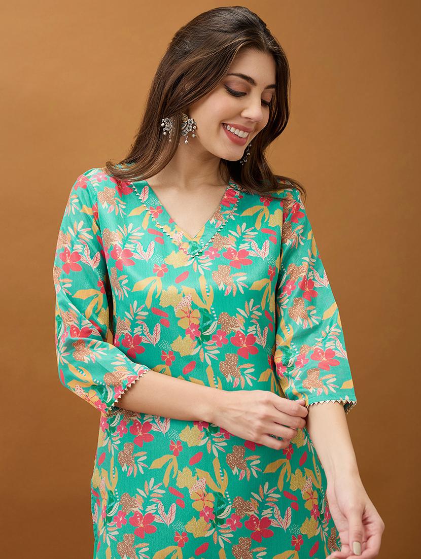 women green floral printed v-neck gotta lace straight kurta with pant set - 21918785 - Standard Image - 3
