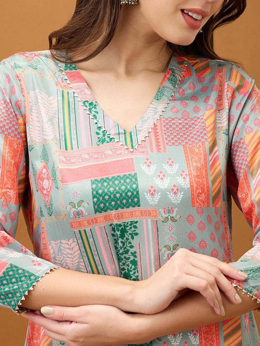 women multicolor printed v-neck gotta lace straight kurta with pant set - 21918786 - Standard Image - 5