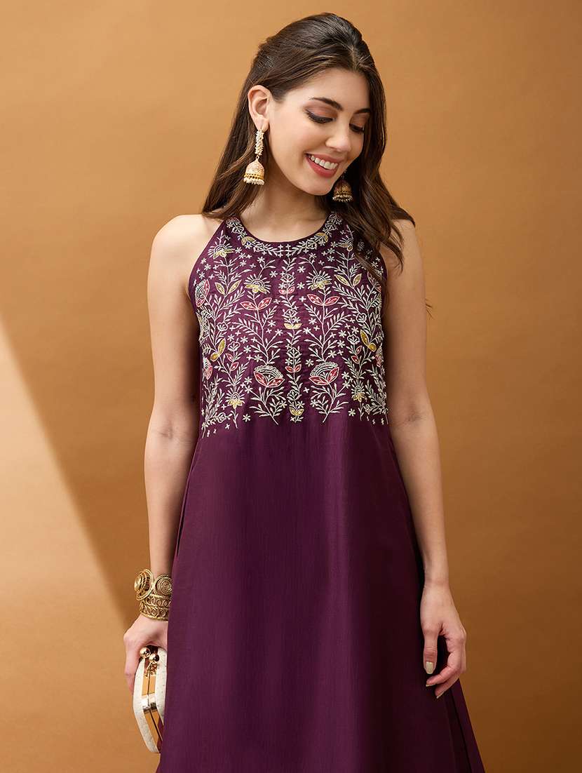 women purple floral embroidered yoke halter neck a-line kurta with straight pant festive set - 21918787 -  Standard Image - 3
