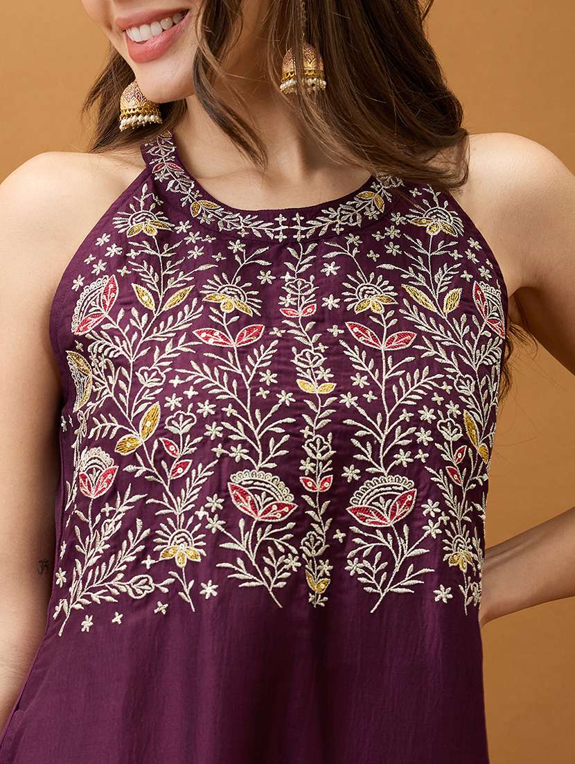 women purple floral embroidered yoke halter neck a-line kurta with straight pant festive set - 21918787 -  Standard Image - 5