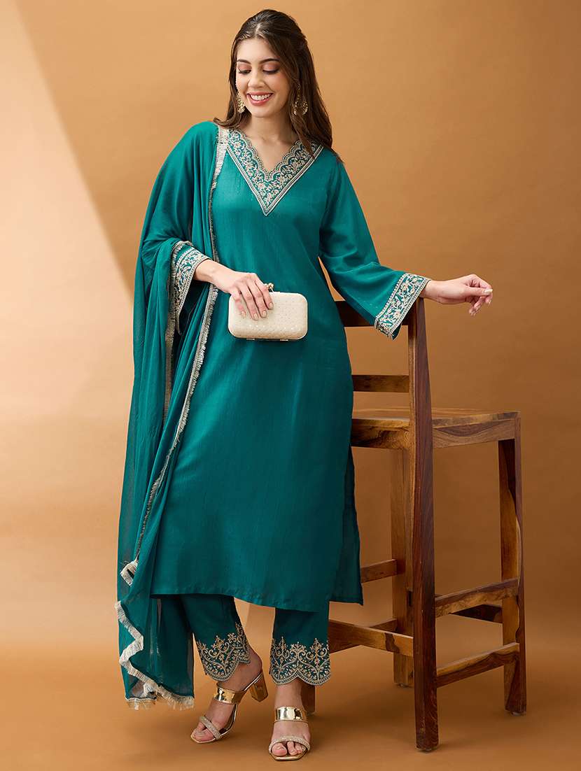 women teal sequinned zari embroidered v-neck bell sleeves kurta with pant & dupatta festive set - 21918789 - Zoom Image - 0